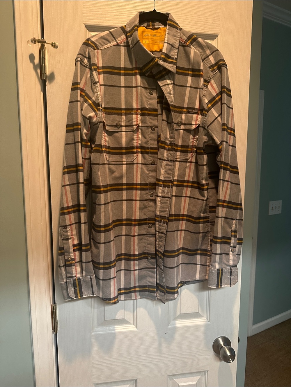 Eddie Bauer Gray Plaid Button-Down Shirt with Mustard Accents